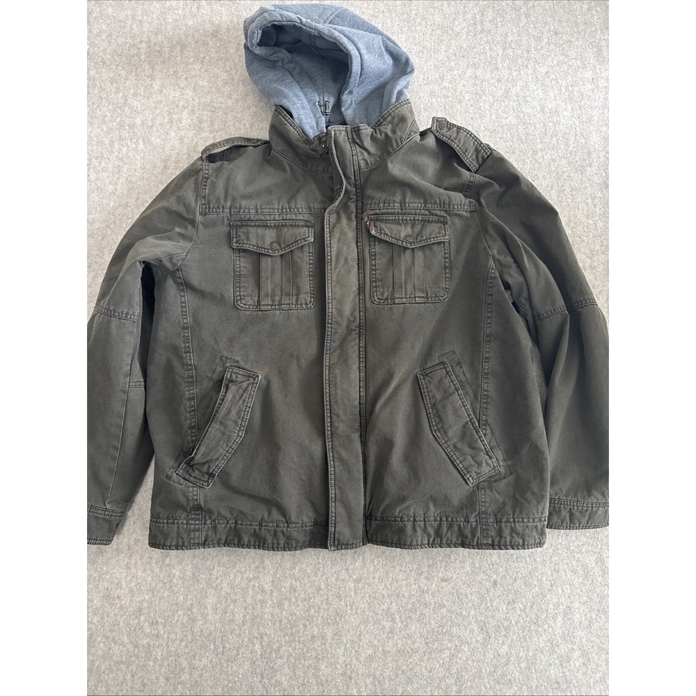 Levis Sherpa Lined Hooded Military Trucker Jacket Dark Green Mens XLarge